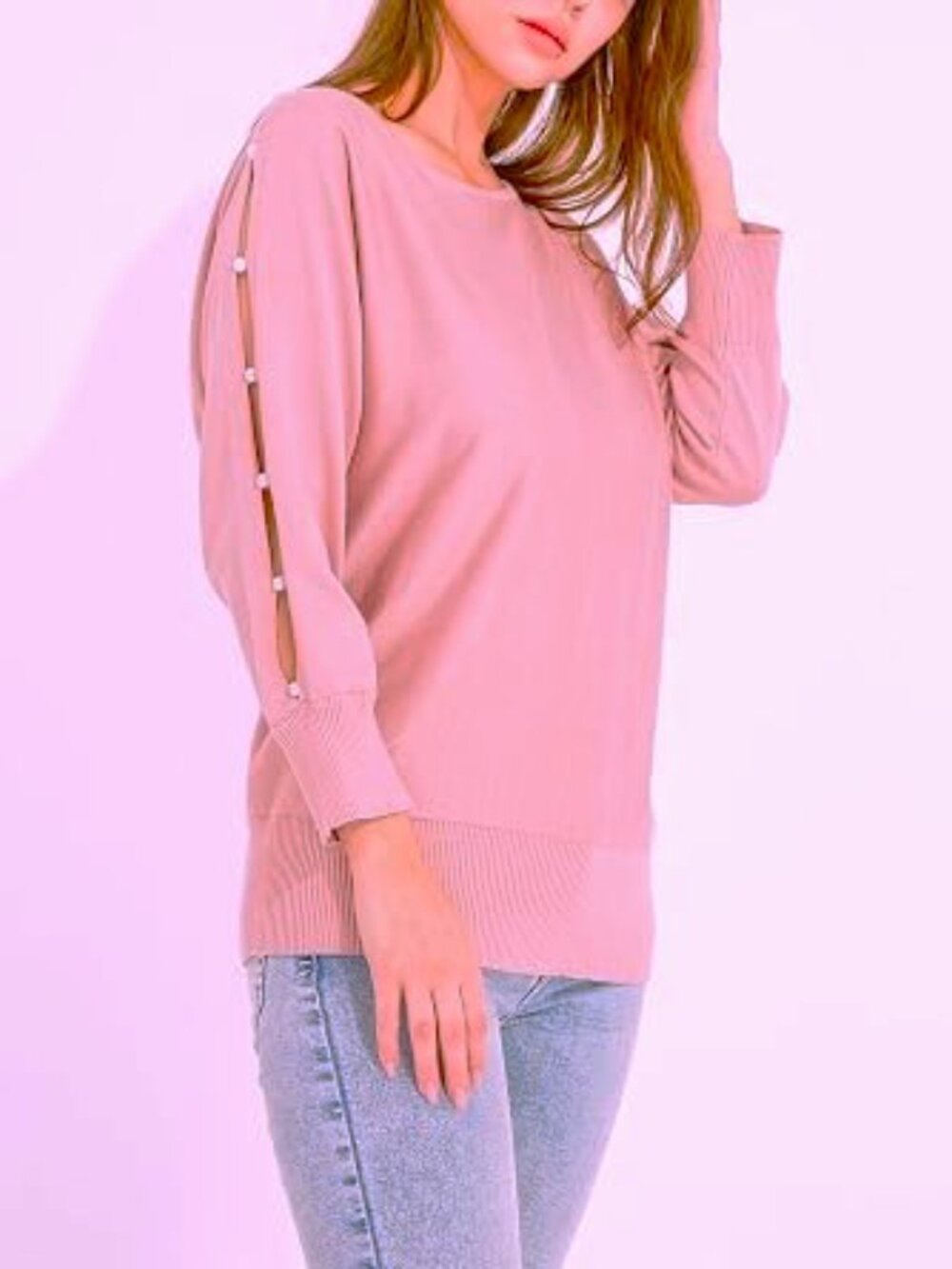 Cable & Gauge Dusty Pink Sweater with Pearl Detail